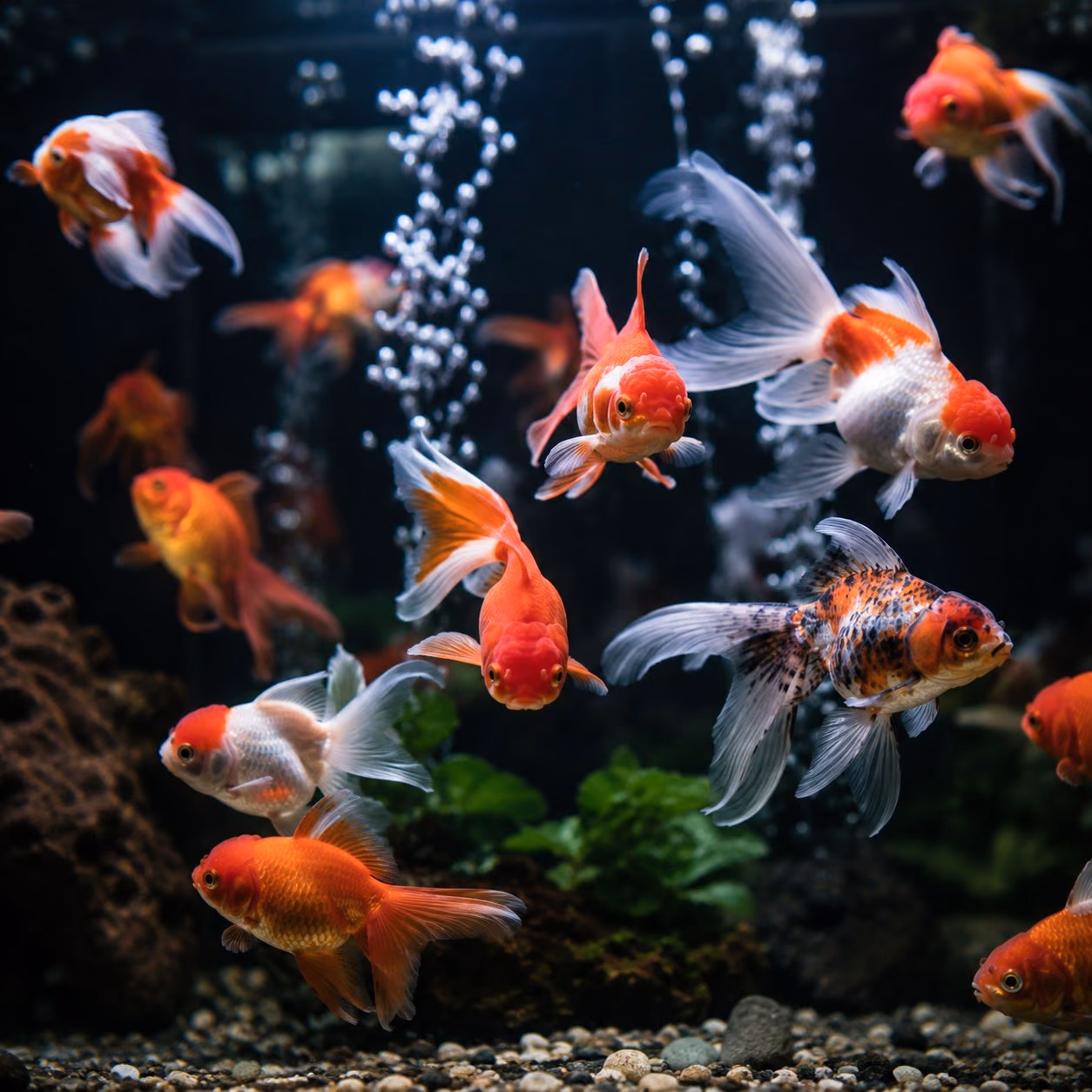 深色水族缸中十幾尾紅白、橙色與花斑金魚，背景有氣泡柱