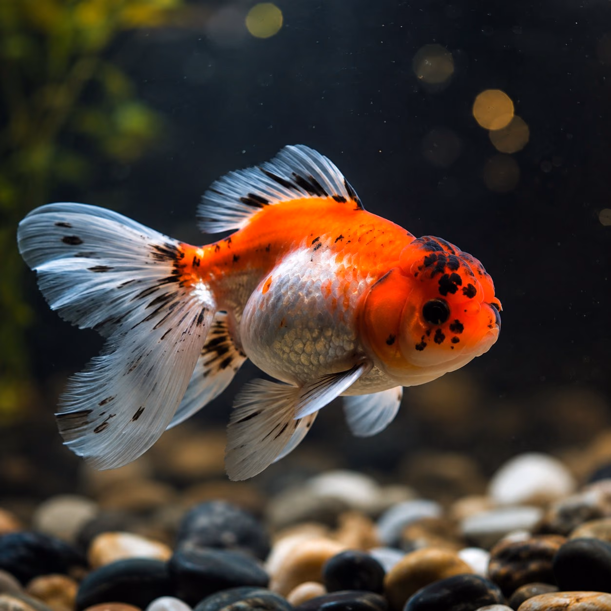 深色背景前側身游動的一尾金魚：紅橙色的頭與背、銀白色的腹部，頭部與鰭上有黑色斑點