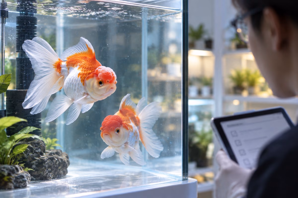 玻璃缸中兩尾紅白相間的金魚，缸外有人拿著平板記錄