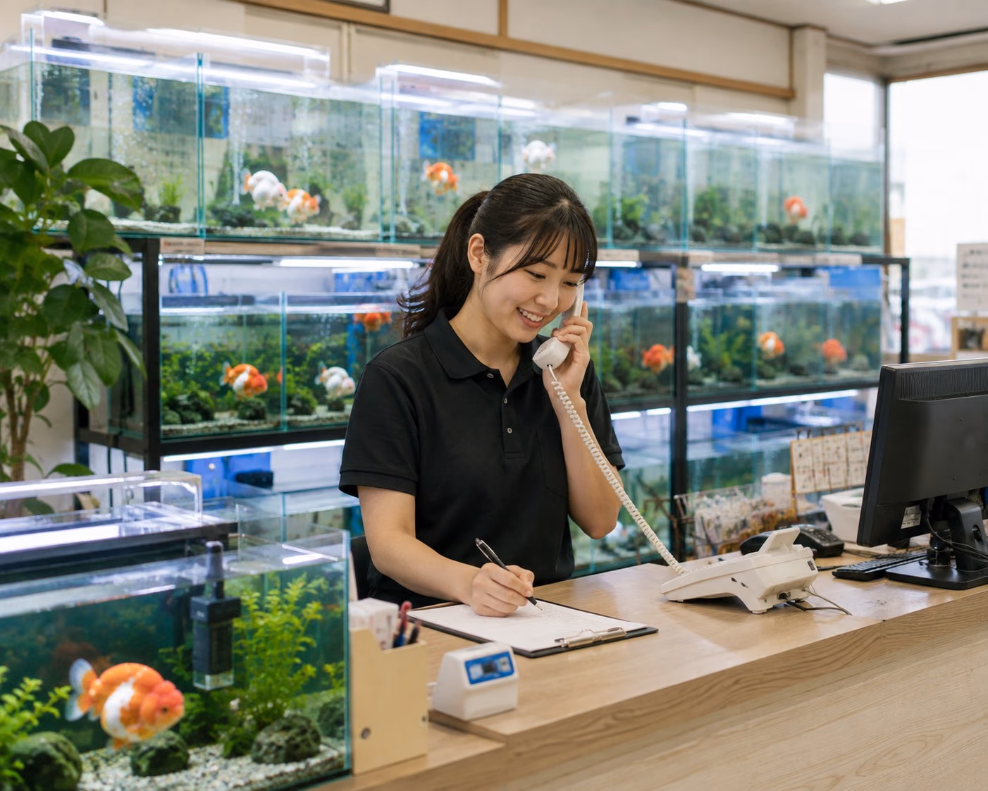店員在櫃台邊講電話、在夾板上記錄，身後是一排排養著金魚的魚缸