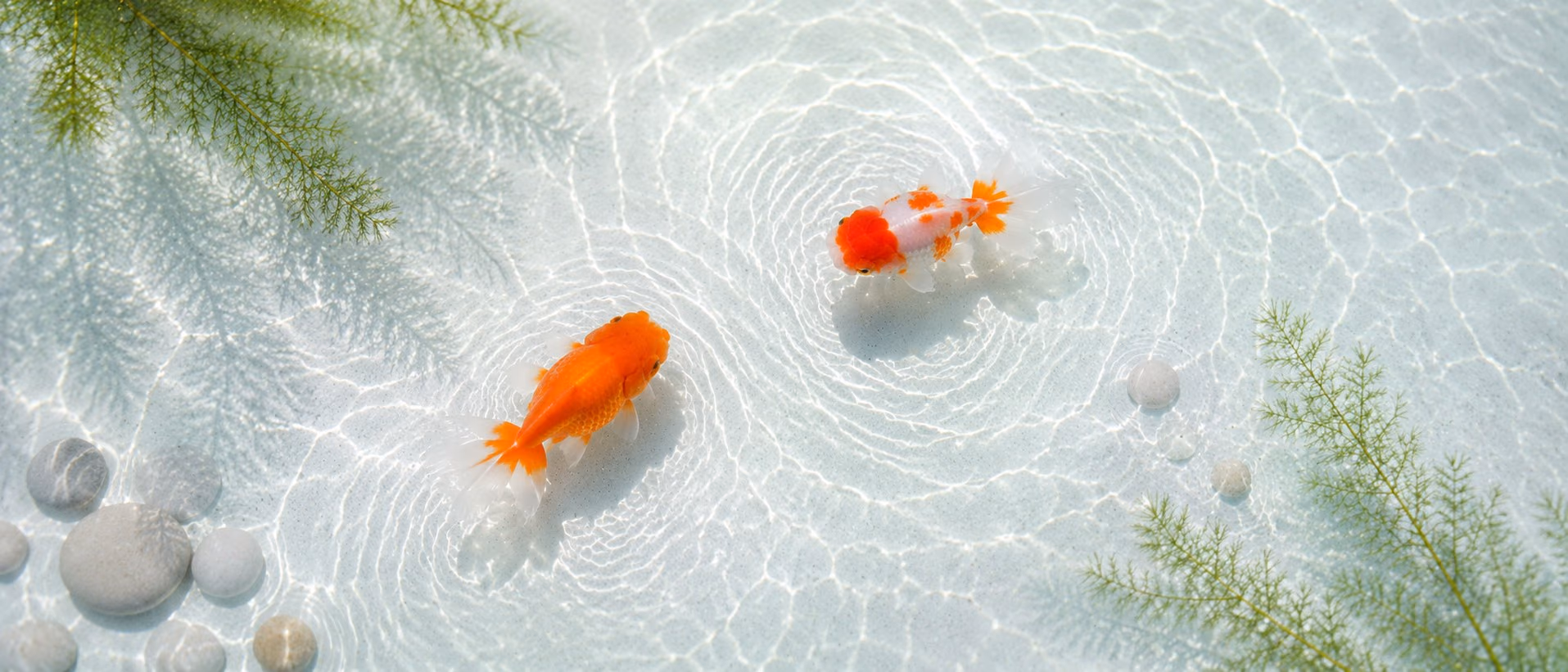 淺水盆俯拍：一尾紅色、一尾紅白金魚，兩角有水草，左下有白色卵石